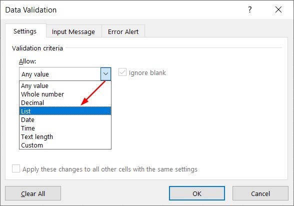 Thiết lập tạo danh sách chọn trong Data Validation